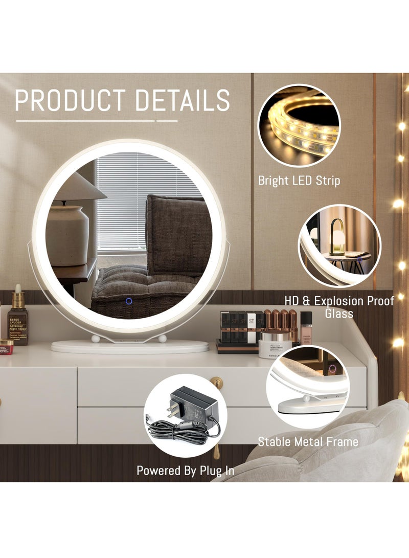 50cm Large Makeup Vanity Mirror with Lights, LED Lighted Circle Mirror, High Definition Round Tabletop Mirror with 3 Color Dimmable Lighting Modes Touch Screen,White