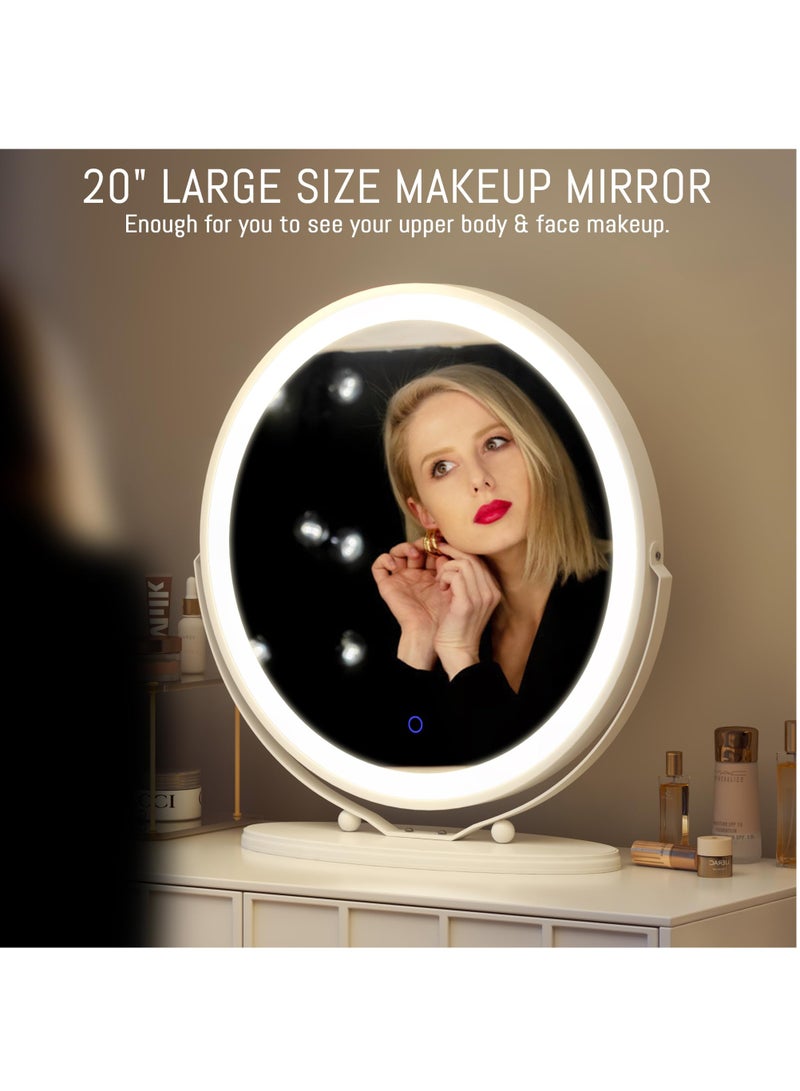 50cm Large Makeup Vanity Mirror with Lights, LED Lighted Circle Mirror, High Definition Round Tabletop Mirror with 3 Color Dimmable Lighting Modes Touch Screen,White