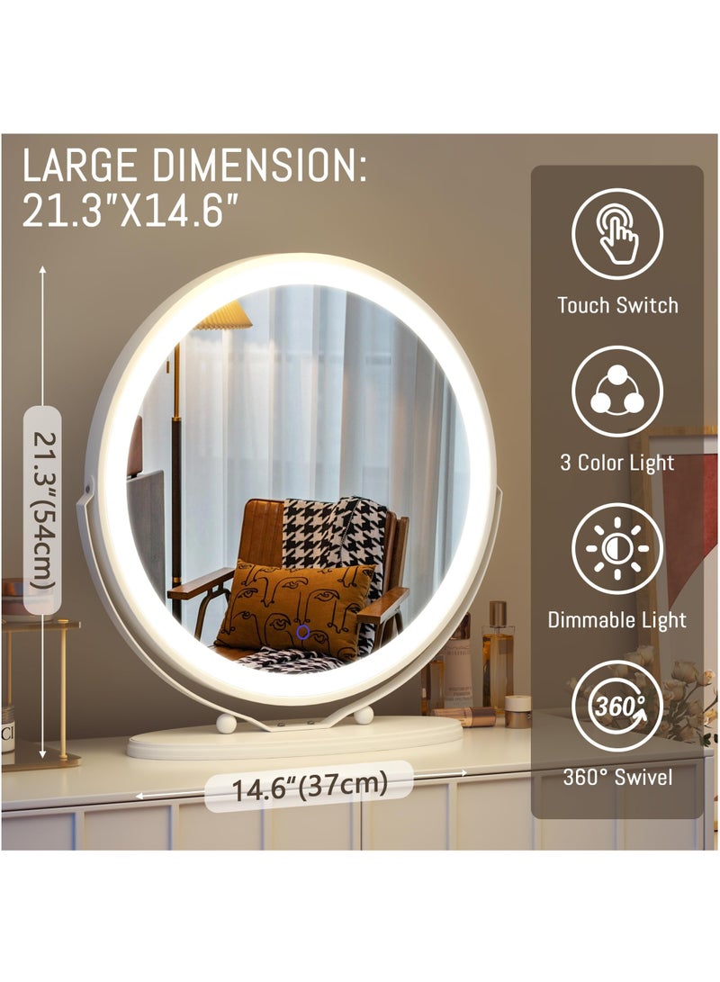 50cm Large Makeup Vanity Mirror with Lights, LED Lighted Circle Mirror, High Definition Round Tabletop Mirror with 3 Color Dimmable Lighting Modes Touch Screen,White