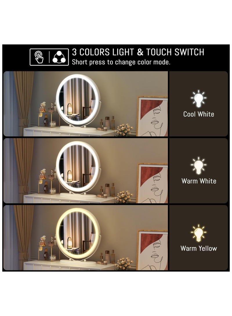50cm Large Makeup Vanity Mirror with Lights, LED Lighted Circle Mirror, High Definition Round Tabletop Mirror with 3 Color Dimmable Lighting Modes Touch Screen,White