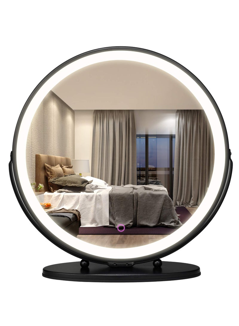 50cm Vanity Makeup Mirror with Lights, 3 Color Lighting Dimmable LED Mirror, Touch Control, 360°Rotation, High-Definition Large Round Lighted Up Mirror for Bedroom Table Desk,Black