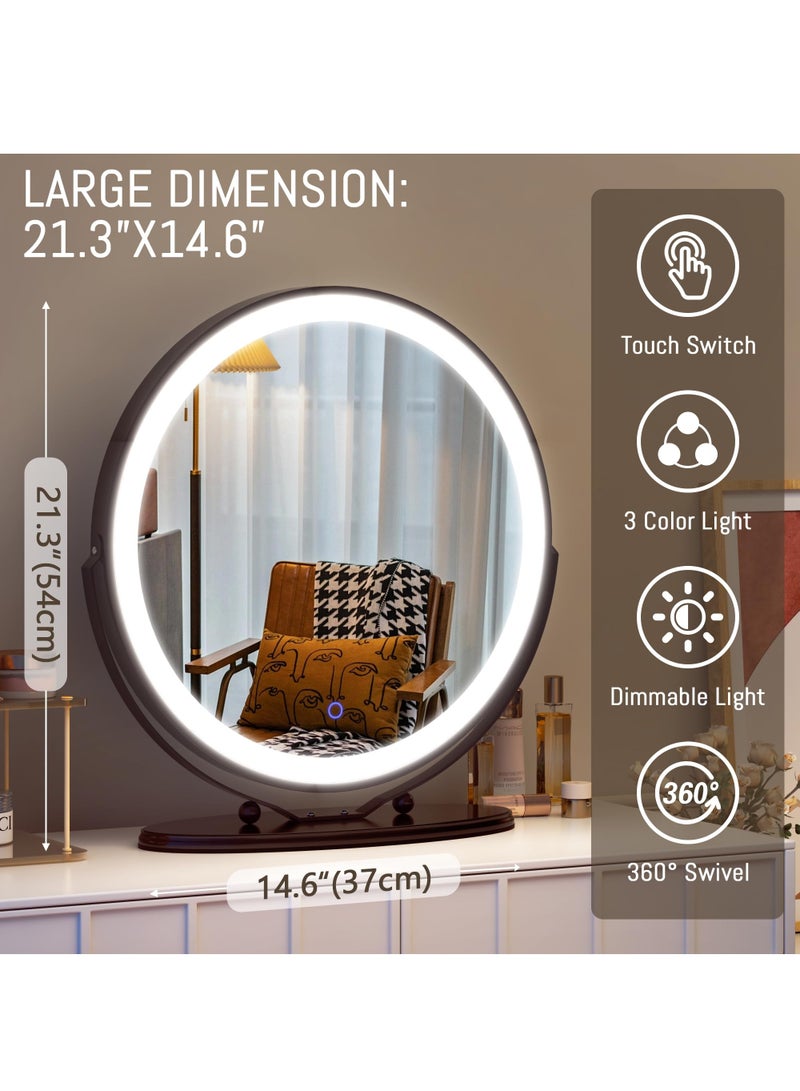 50cm Vanity Makeup Mirror with Lights, 3 Color Lighting Dimmable LED Mirror, Touch Control, 360°Rotation, High-Definition Large Round Lighted Up Mirror for Bedroom Table Desk,Black