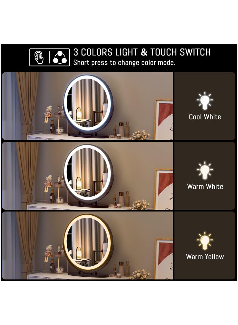 50cm Vanity Makeup Mirror with Lights, 3 Color Lighting Dimmable LED Mirror, Touch Control, 360°Rotation, High-Definition Large Round Lighted Up Mirror for Bedroom Table Desk,Black