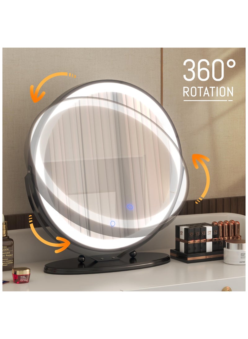 50cm Vanity Makeup Mirror with Lights, 3 Color Lighting Dimmable LED Mirror, Touch Control, 360°Rotation, High-Definition Large Round Lighted Up Mirror for Bedroom Table Desk,Black