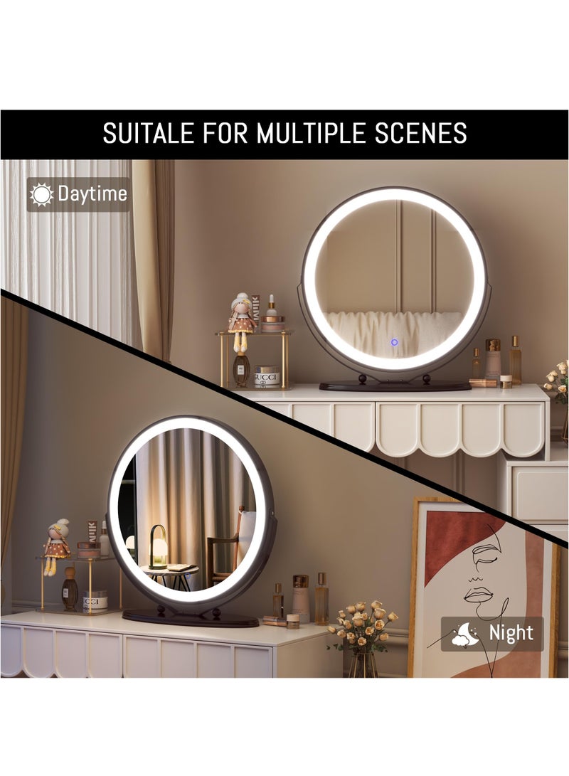 50cm Vanity Makeup Mirror with Lights, 3 Color Lighting Dimmable LED Mirror, Touch Control, 360°Rotation, High-Definition Large Round Lighted Up Mirror for Bedroom Table Desk,Black