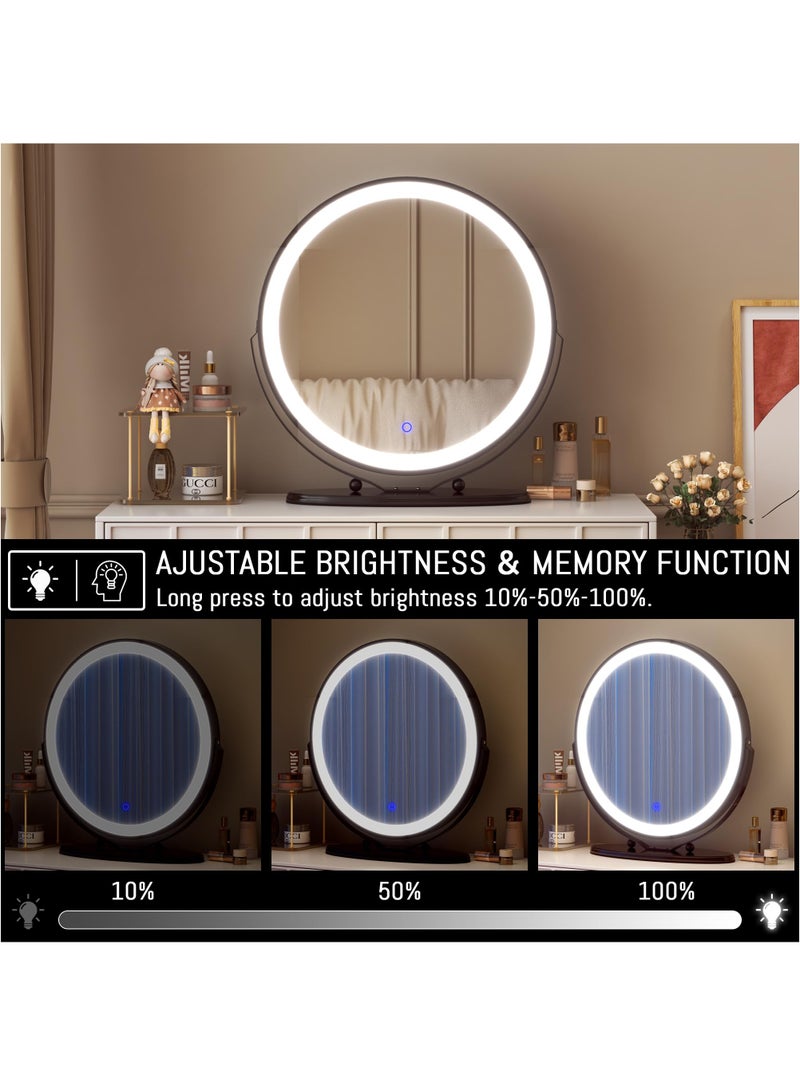 50cm Vanity Makeup Mirror with Lights, 3 Color Lighting Dimmable LED Mirror, Touch Control, 360°Rotation, High-Definition Large Round Lighted Up Mirror for Bedroom Table Desk,Black