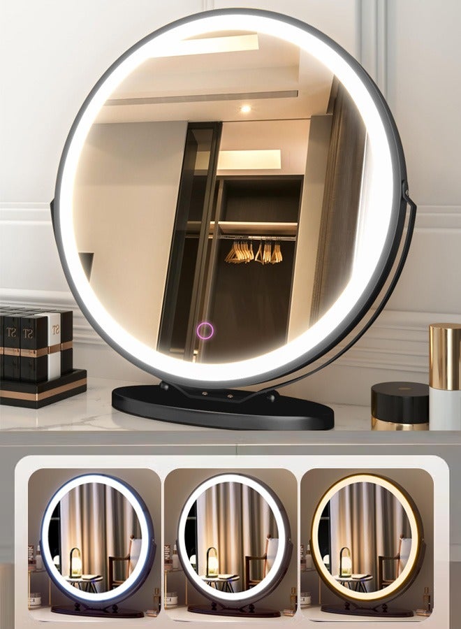 50cm Vanity Makeup Mirror with Lights, 3 Color Lighting Dimmable LED Mirror, Touch Control, 360°Rotation, High-Definition Large Round Lighted Up Mirror for Bedroom Table Desk,Black