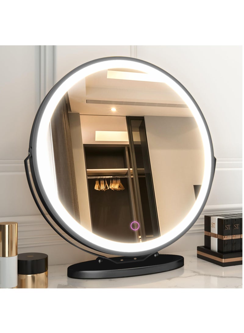 50cm Vanity Makeup Mirror with Lights, 3 Color Lighting Dimmable LED Mirror, Touch Control, 360°Rotation, High-Definition Large Round Lighted Up Mirror for Bedroom Table Desk,Black