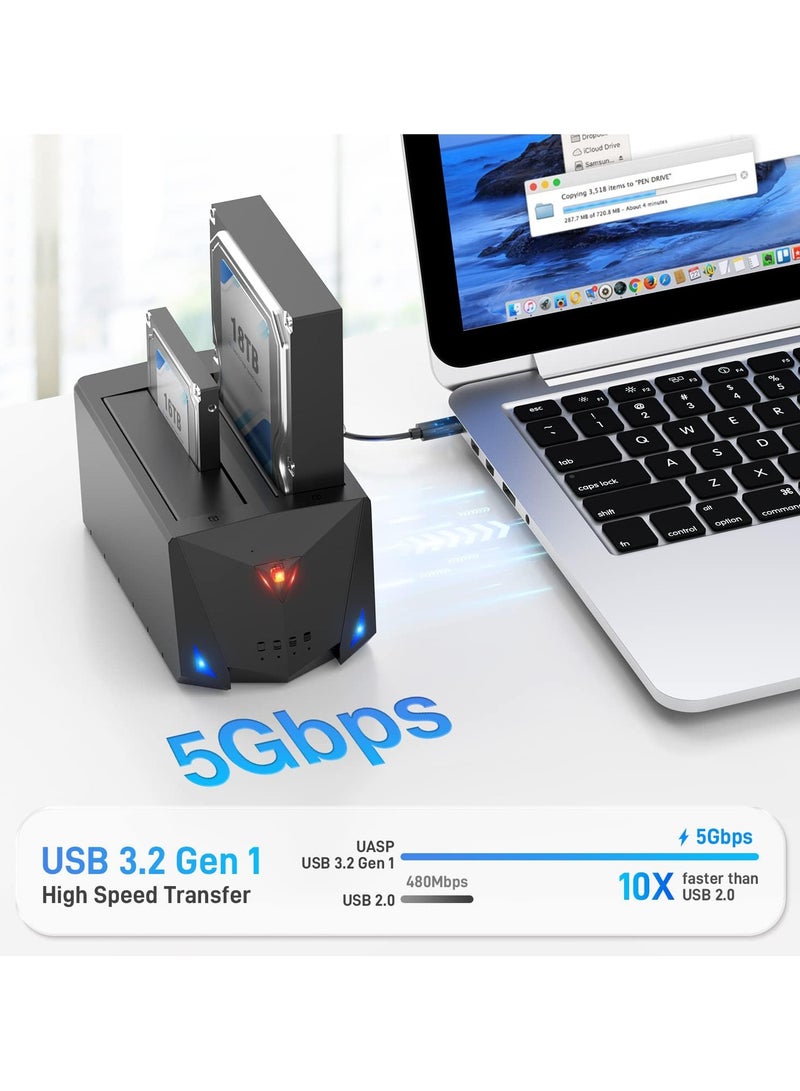 USB 3.2 Gen 1 to Hard Drive Docking Station, 2.5 or 3.5 inch SATA I/II/III Dual Hard Drive Docking Station, with Hard Drive Duplicator/Offline Clone Function and 2 USB Cables, Support UASP