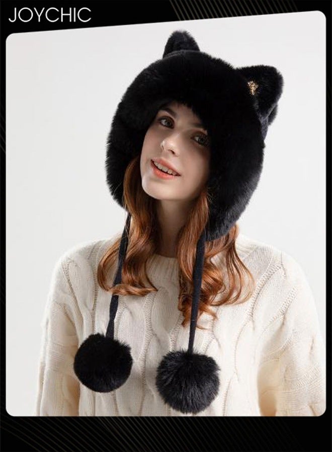 Autumn and Winter Lovely Cartoon Cat Ears Design Knitted Outdoor Warm Windproof Hat for Women Black