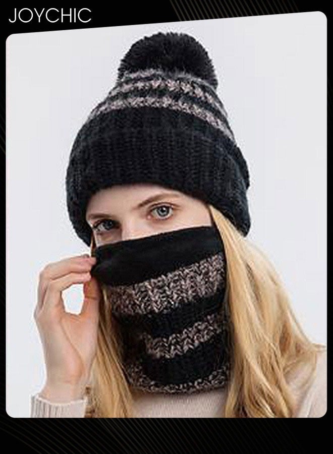 2-piece Winter Brimless Hat Scarf Set Thick Warm Knitted Plush Hat Neck Warm Windproof Suitable for Women Outdoor Sports Black