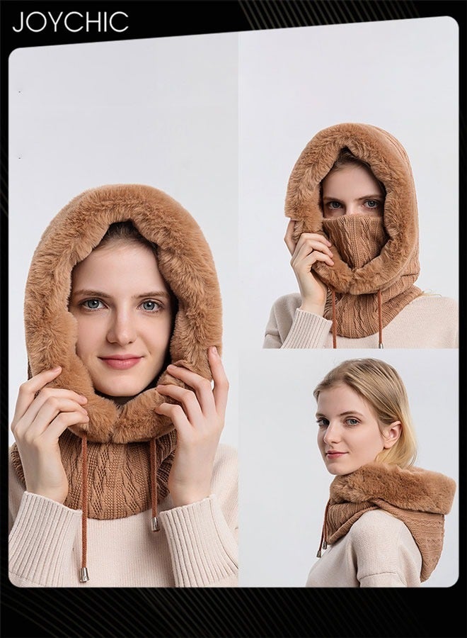 Autumn and Winter Women Outdoor Cycling Cold Protection Pullover Hat Warm Neck Mask Brown