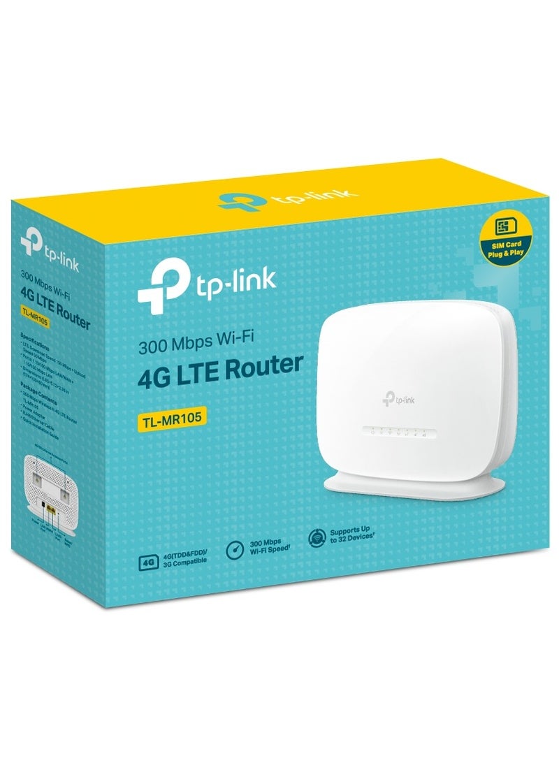 TP-Link 300Mbps 4G WiFi Router, cutting-edge Mobil WiFi Router 4G Cat4 LTE Network, Ideal for gaming & streaming, Nano SIM Card Slot, Plug & Play, Secure Network WPA-PSK(TL-MR105)