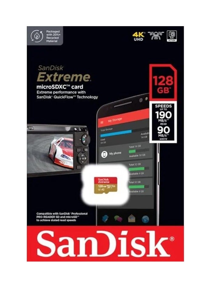 Extreme microSD UHS I Card for 4K Video on Smartphones, Action Cams & Drones 190MB/s Read, 90MB/s Write SDSQXAA 128G GN6MN 128 GB