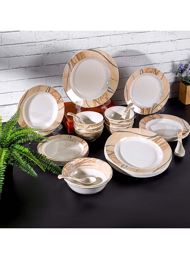 Royalford 32pcs Melamineware Dinner Set RF12510 Includes Deep and Side Plates, Serving and Rice Bowls and Soup Spoons Dishwasher-Safe and Freezer-Friendly Food-Grade Multicolor 3kg