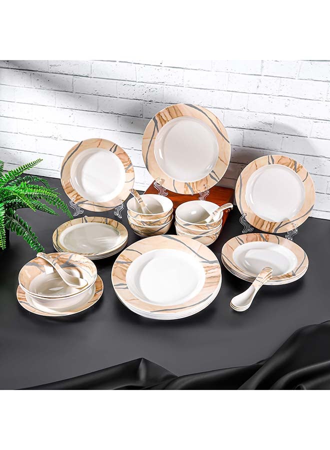 Royalford 32pcs Melamineware Dinner Set RF12510 Includes Deep and Side Plates, Serving and Rice Bowls and Soup Spoons Dishwasher-Safe and Freezer-Friendly Food-Grade Multicolor 3kg