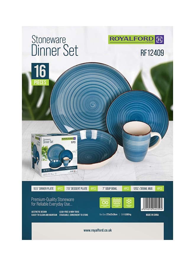 Royalford 16pcs Stoneware Dinner Set RF12409 Includes Dinner and Dessert Plates, Soup Bowls and Mugs Dishwasher-Safe, Microwave-Safe and Freezer-Safe Blue Multicolor 3kg