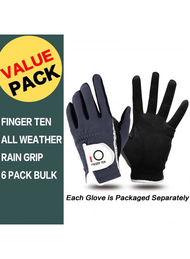 Finger Ten Men’S Golf Gloves Left Hand Right Value 6 Pack, Rain Hot Wet Weather Grip, Color Black Grey, Fit Small Medium Large Xl (25=M/Large Grey)