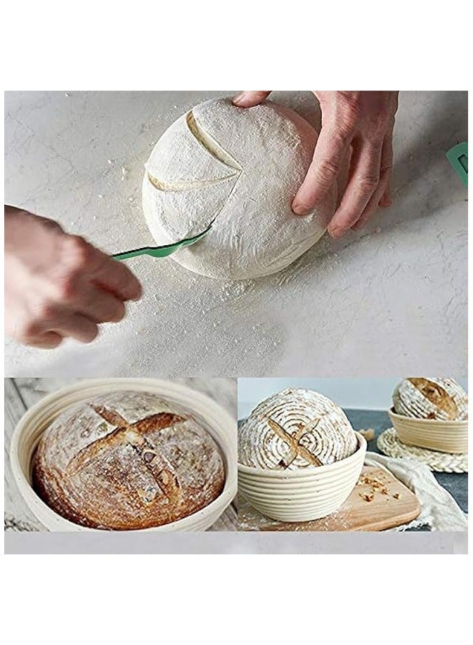 Bread Proofing Basket Set - Handmade 9 Inch Round & 10 Inch Oval for Dough Rising Fermentation Baking with Dough Scraper Linen Liner Cloth Bread Lame