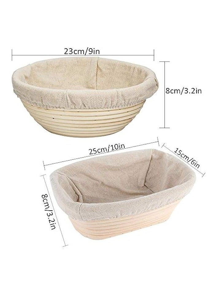 Bread Proofing Basket Set - Handmade 9 Inch Round & 10 Inch Oval for Dough Rising Fermentation Baking with Dough Scraper Linen Liner Cloth Bread Lame