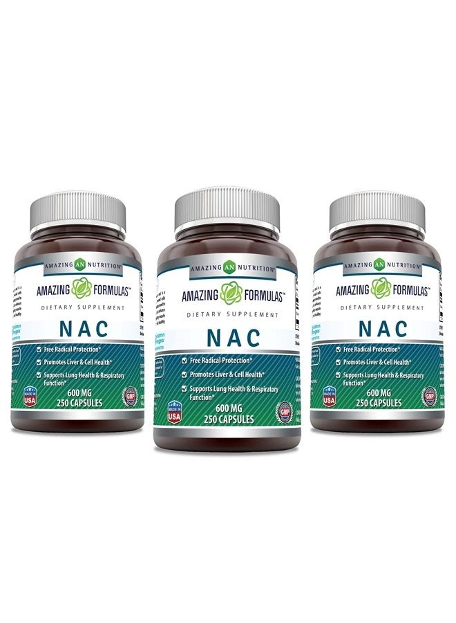 Amazing Formulas NAC (N-Acetyl Cysteine) - 600mg Capsules- Antioxidant Support- Promotes Heart, Kidney, Liver & Respiratory Function * (250 Count (3 Pack))