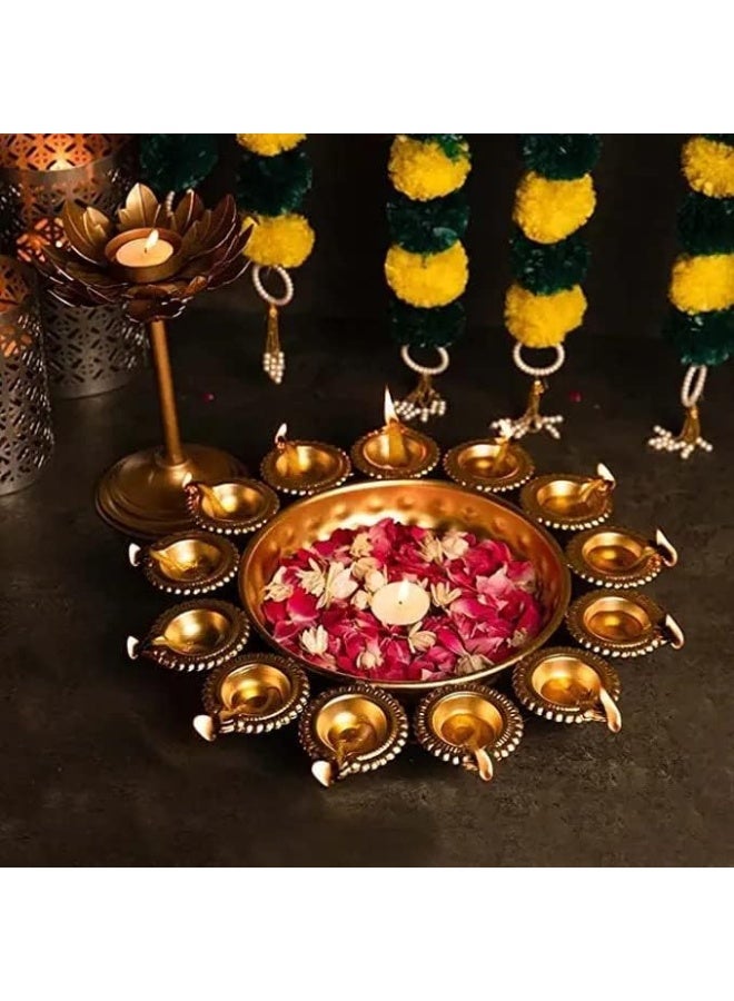 Next In Crafts Diya Shape Flower Decorative Urli Bowl For Home Handcrafted Bowl For Floating Flowers And Tea Light Candles Home, Office And Table Decor | Diwali Decoration Items, Metal, Gold