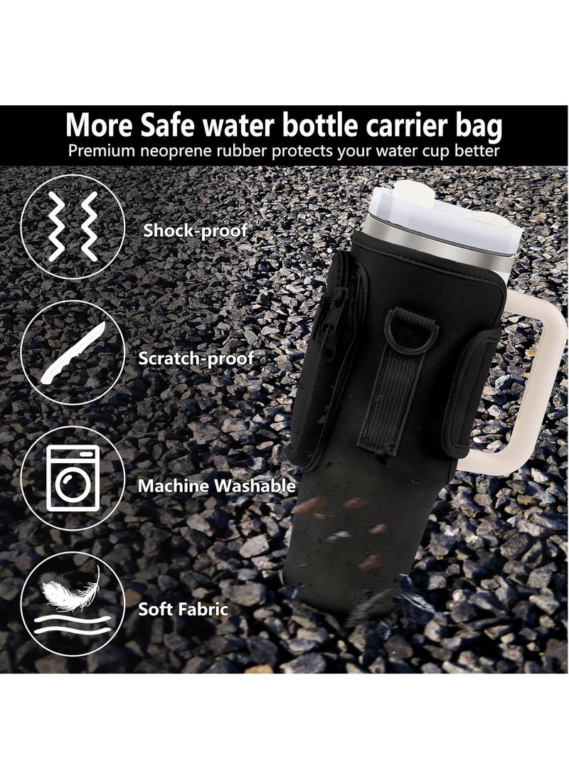 Water Bottle Carrier Bag for Stanley 40oz Tumbler, Water Bottle Holder with Pouch and Adjustable Strap, Sleeve Accessories with Pocket for 40oz Cup (Black)