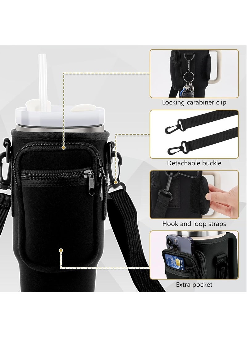 Water Bottle Carrier Bag for Stanley 40oz Tumbler, Water Bottle Holder with Pouch and Adjustable Strap, Sleeve Accessories with Pocket for 40oz Cup (Black)