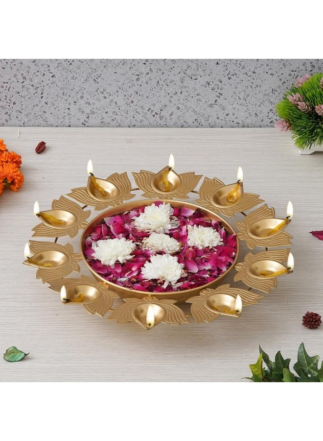 eCraftIndia Golden Metal Handcrafted Traditional Designer Urli With 9 Lotus Shape Diyas