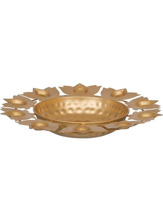 eCraftIndia Golden Metal Handcrafted Traditional Designer Urli With 9 Lotus Shape Diyas