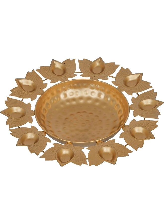 eCraftIndia Golden Metal Handcrafted Traditional Designer Urli With 9 Lotus Shape Diyas