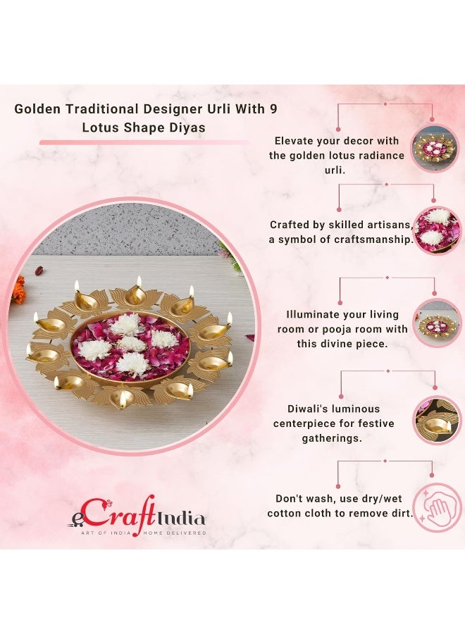 eCraftIndia Golden Metal Handcrafted Traditional Designer Urli With 9 Lotus Shape Diyas