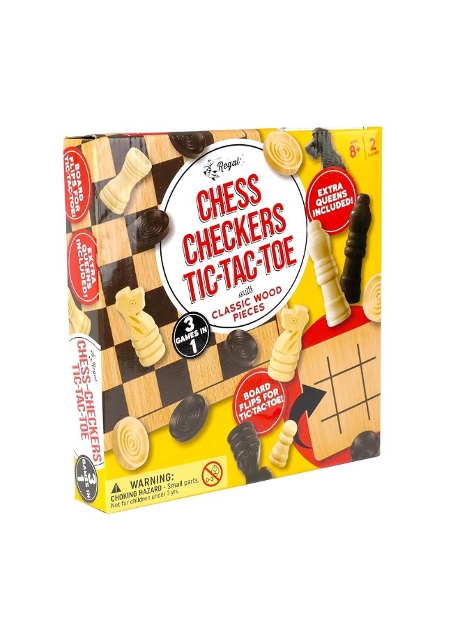 Regal Games - Reversible Wooden Board for Chess, Checkers & Tic-Tac-Toe - 24 Interlocking Wooden Checkers and 32 Standard Chess Pieces - for Age 8 to Adult for Family Fun