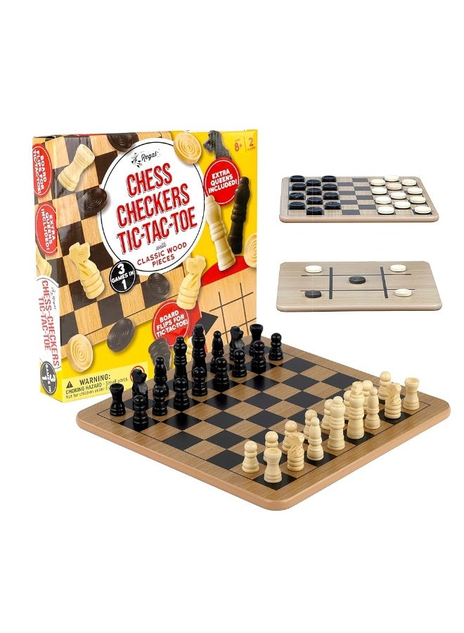 Regal Games - Reversible Wooden Board for Chess, Checkers & Tic-Tac-Toe - 24 Interlocking Wooden Checkers and 32 Standard Chess Pieces - for Age 8 to Adult for Family Fun