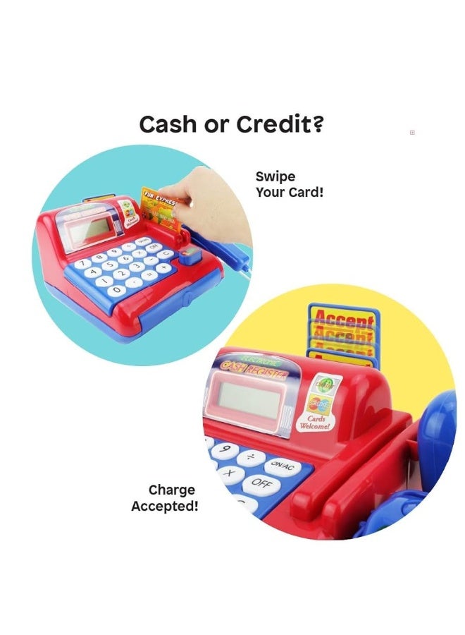 Boley Toy Cash Register with Scanner - Red and Blue Toddler Cash Register Toy for Kids with Calculator and Toy Credit Card Reader