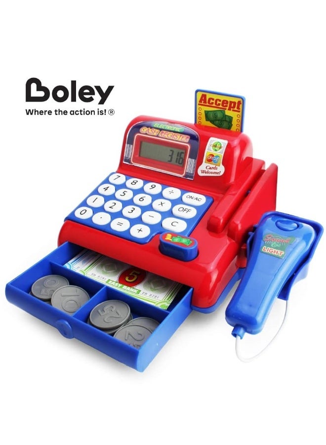 Boley Toy Cash Register with Scanner - Red and Blue Toddler Cash Register Toy for Kids with Calculator and Toy Credit Card Reader