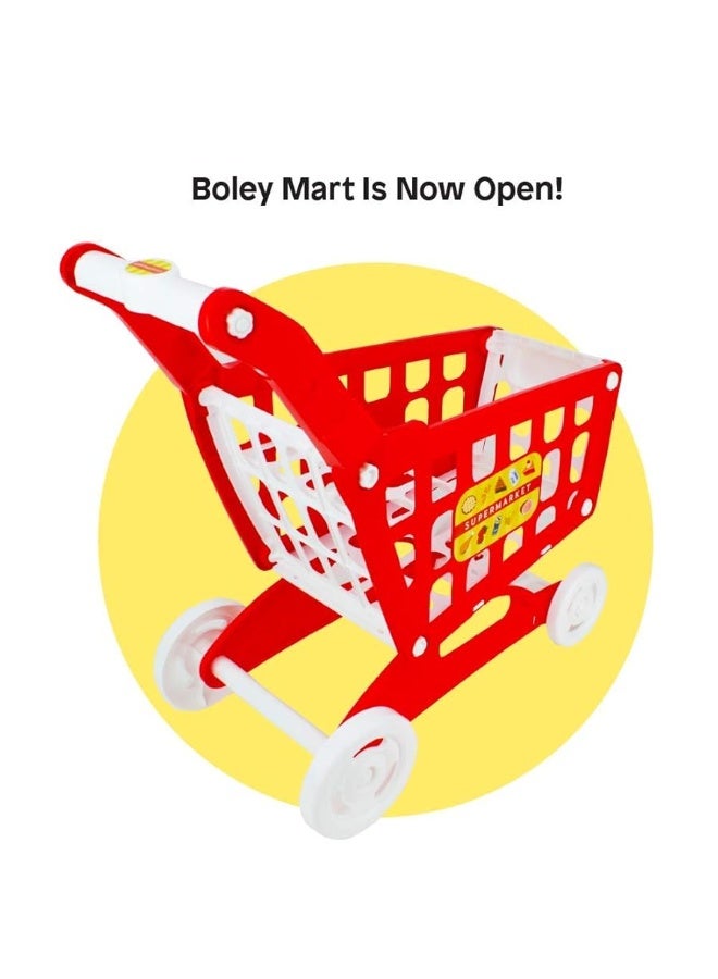 Boley Mart Red Shopping Cart Toy for Kids and Toddlers - Pretend Play Grocery Shopping Cart with Wheels - 20x18 inches - Easy Assembly - Child-Safe and Durable - Ages 3+