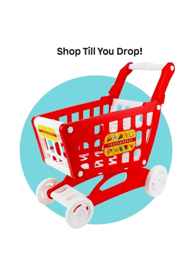 Boley Mart Red Shopping Cart Toy for Kids and Toddlers - Pretend Play Grocery Shopping Cart with Wheels - 20x18 inches - Easy Assembly - Child-Safe and Durable - Ages 3+