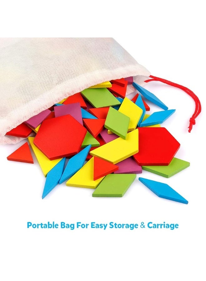 Coogam Wooden Pattern Blocks Set 130PCS Geometric Color Shape Manipulative Puzzle â€“ Graphical Montessori Tangram Early Learning Educational Toys Brain Teasers STEM Gift for Kids with 24 Design Cards