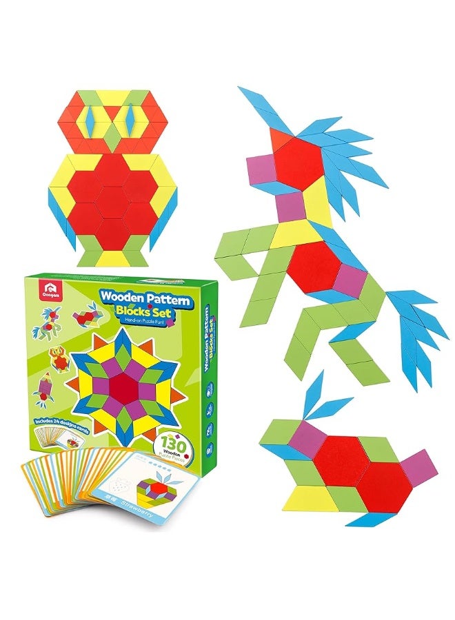 Coogam Wooden Pattern Blocks Set 130PCS Geometric Color Shape Manipulative Puzzle â€“ Graphical Montessori Tangram Early Learning Educational Toys Brain Teasers STEM Gift for Kids with 24 Design Cards