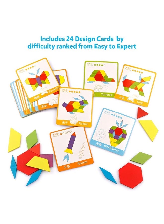 Coogam Wooden Pattern Blocks Set 130PCS Geometric Color Shape Manipulative Puzzle â€“ Graphical Montessori Tangram Early Learning Educational Toys Brain Teasers STEM Gift for Kids with 24 Design Cards