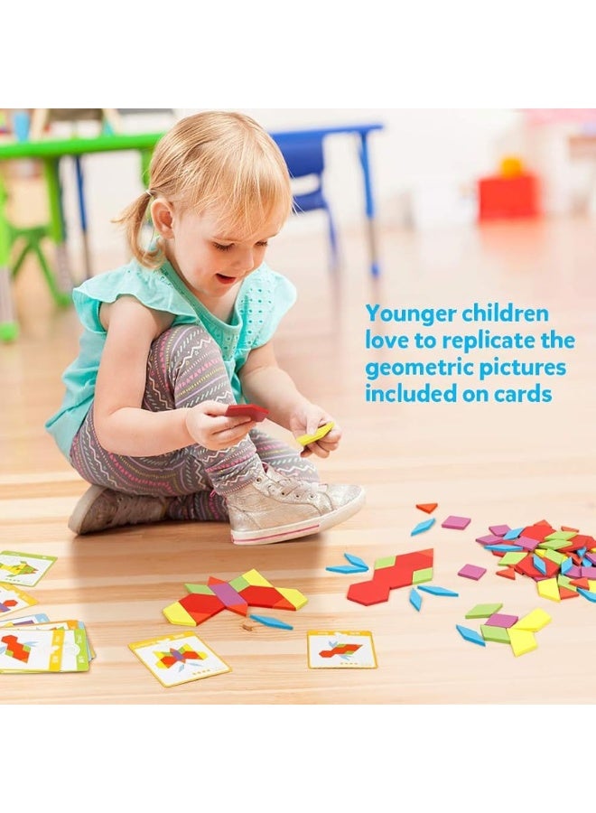 Coogam Wooden Pattern Blocks Set 130PCS Geometric Color Shape Manipulative Puzzle â€“ Graphical Montessori Tangram Early Learning Educational Toys Brain Teasers STEM Gift for Kids with 24 Design Cards