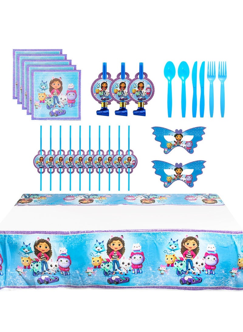 145 pcs disposable party tableware Gabby's Dollhouse theme, kids birthday party celebration, baby shower party suppliers with plates, spoons, folks, cups, napkins, etc. 16 items