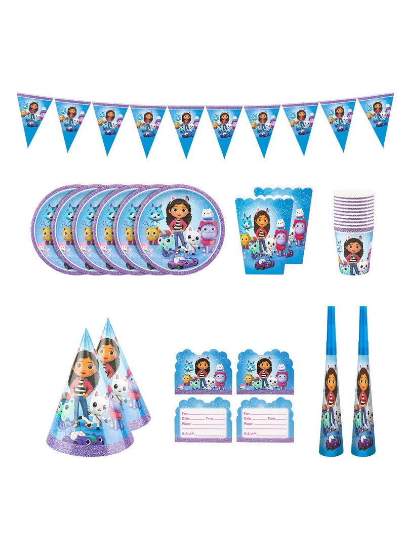 145 pcs disposable party tableware Gabby's Dollhouse theme, kids birthday party celebration, baby shower party suppliers with plates, spoons, folks, cups, napkins, etc. 16 items