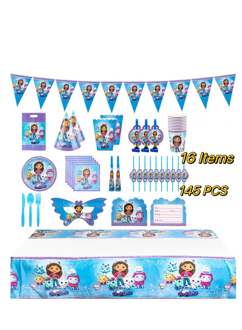 145 pcs disposable party tableware Gabby's Dollhouse theme, kids birthday party celebration, baby shower party suppliers with plates, spoons, folks, cups, napkins, etc. 16 items