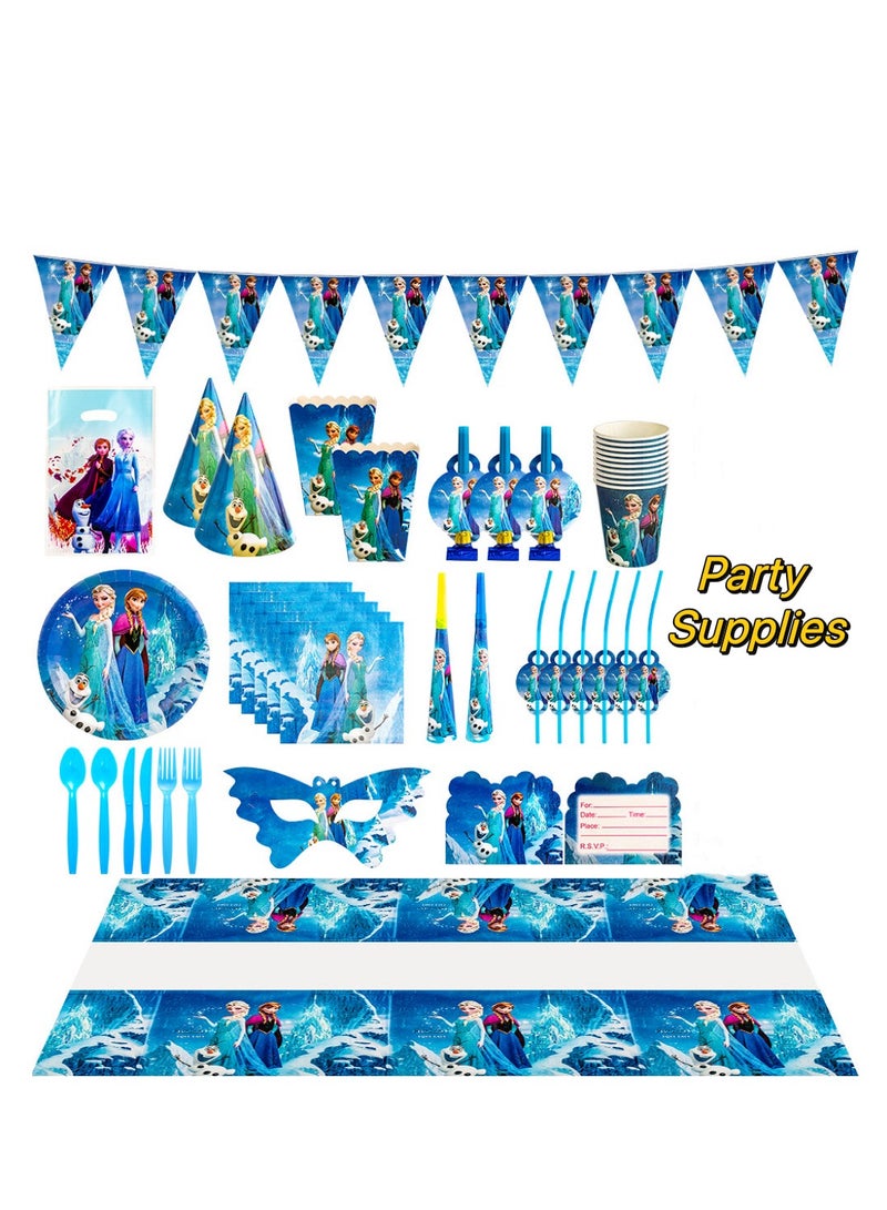 145 pcs disposable party tableware Frozen theme, kids birthday party celebration, baby shower party suppliers with plates, spoons, folks, cups, napkins, etc. 16 items