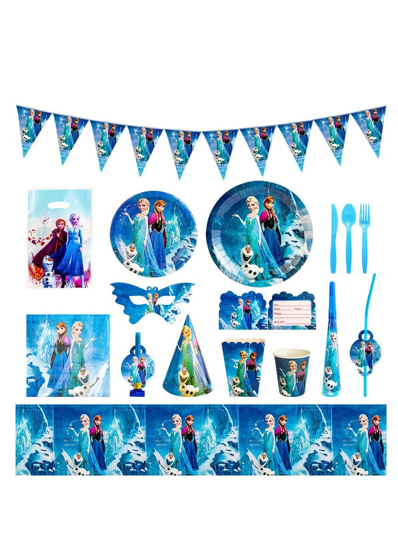 145 pcs disposable party tableware Frozen theme, kids birthday party celebration, baby shower party suppliers with plates, spoons, folks, cups, napkins, etc. 16 items