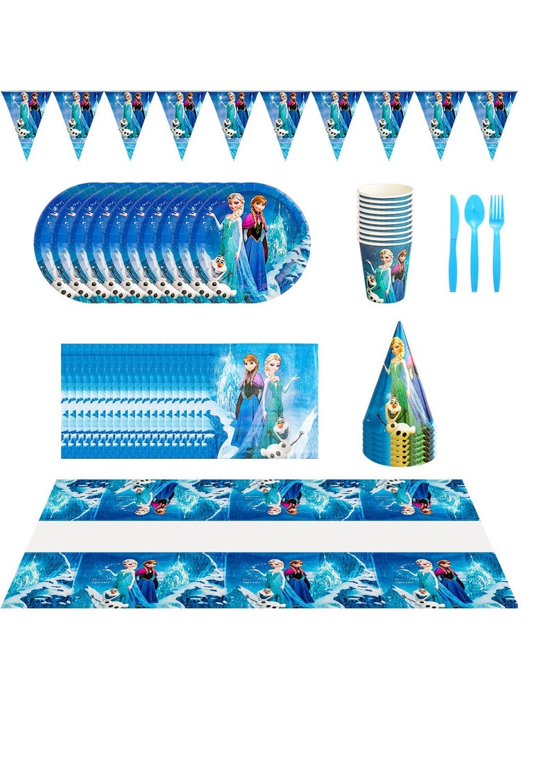 145 pcs disposable party tableware Frozen theme, kids birthday party celebration, baby shower party suppliers with plates, spoons, folks, cups, napkins, etc. 16 items