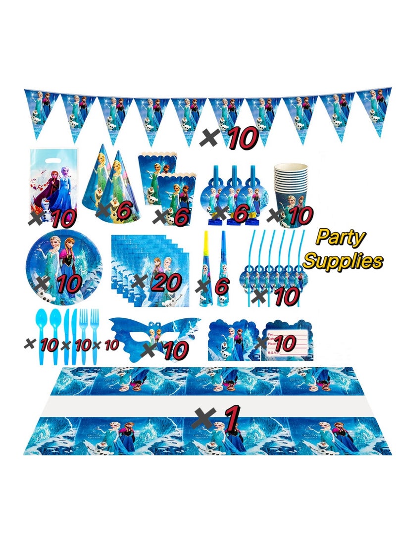 145 pcs disposable party tableware Frozen theme, kids birthday party celebration, baby shower party suppliers with plates, spoons, folks, cups, napkins, etc. 16 items