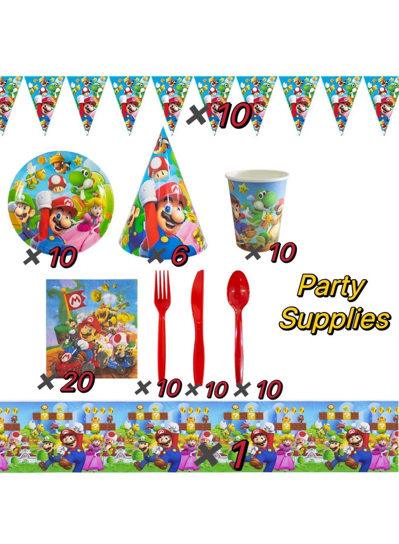 87 pcs disposable party tableware Mario theme, kids birthday party celebration, baby shower party suppliers with plates, spoons, folks, cups, napkins, etc. 9 items